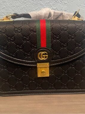 Black Embossed GG Leather Like Messenger Bag with Green-Red Web
